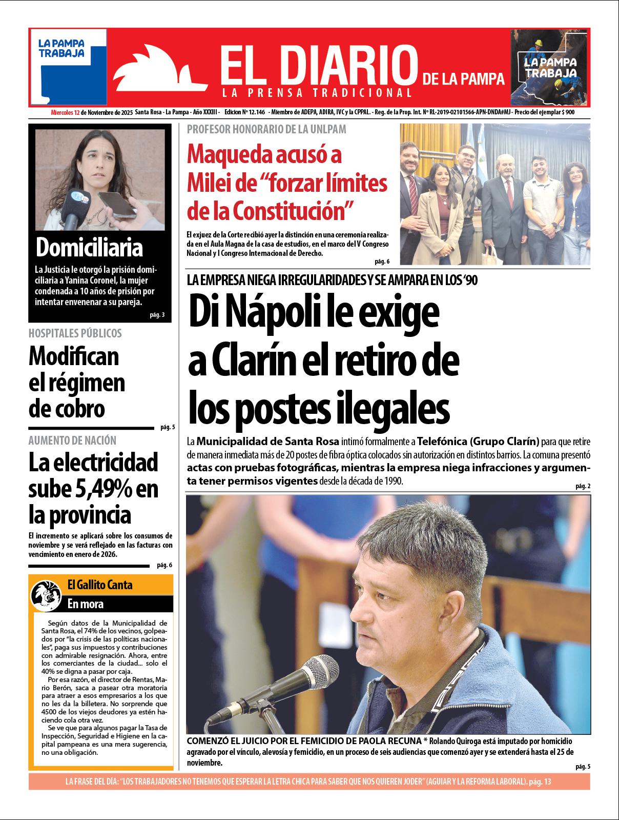 Tapa de El Diario en papel  mieacutercoles 12 de noviembre de 2025